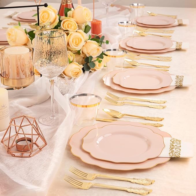 NOCCUR 175PCS Pink Plates with Gold Disposable Silverware - Image 6