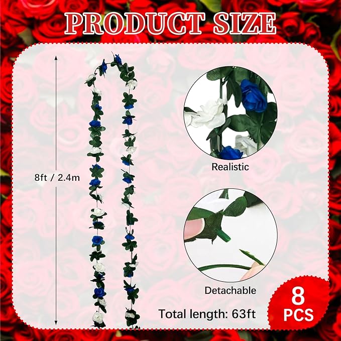 8Pcs 63Ft Royal Blue&White Fake Rose Hanging Flowers, Artificial Flower Vine - Image 2