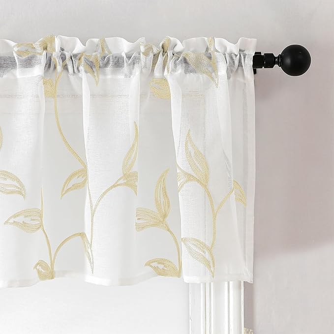 VISIONTEX Sheer Voile Curtain Valances, Decorative Leaves Embroidered, Rod - Image 2