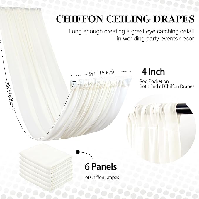 DUOBAO Ivory Ceiling Drapes Sheer Backdrop Curtains 6 Panels 5ftx20ft Reception - Image 2