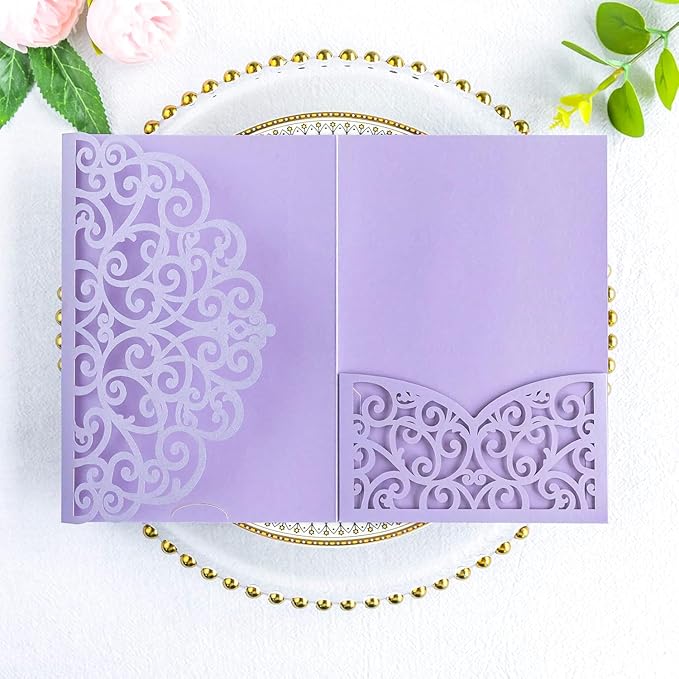 ponatia 20PCS Lilac Quinceanera Invitation Cards, Tri-Fold Laser Cut Wedding by ponatia