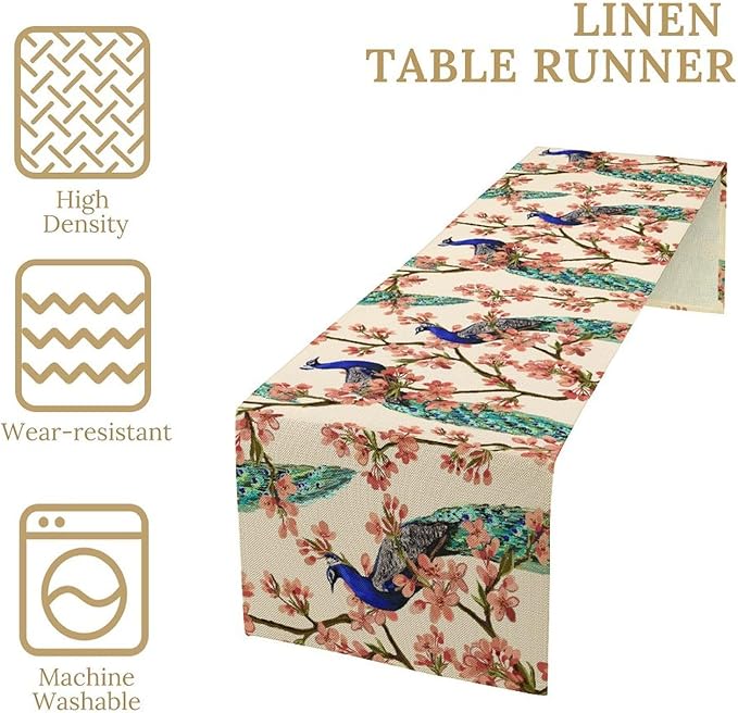 Peacock Table Runner, Spring Floral Peacock Birds Table Runner - Image 4