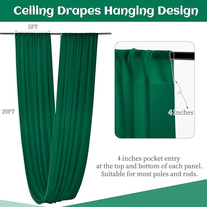 6 Panels Emerald Green Wedding Ceiling Drapes 5ftx20ft Ceiling Drapes Chiffon - Image 2