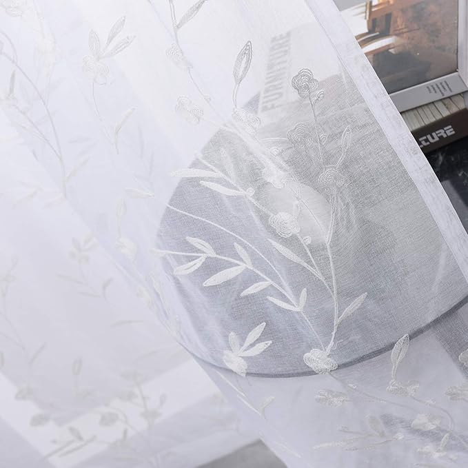 White Sheer Curtains Embroidery 63 Inch Length Rod Pocket Voile Drapes - Image 6