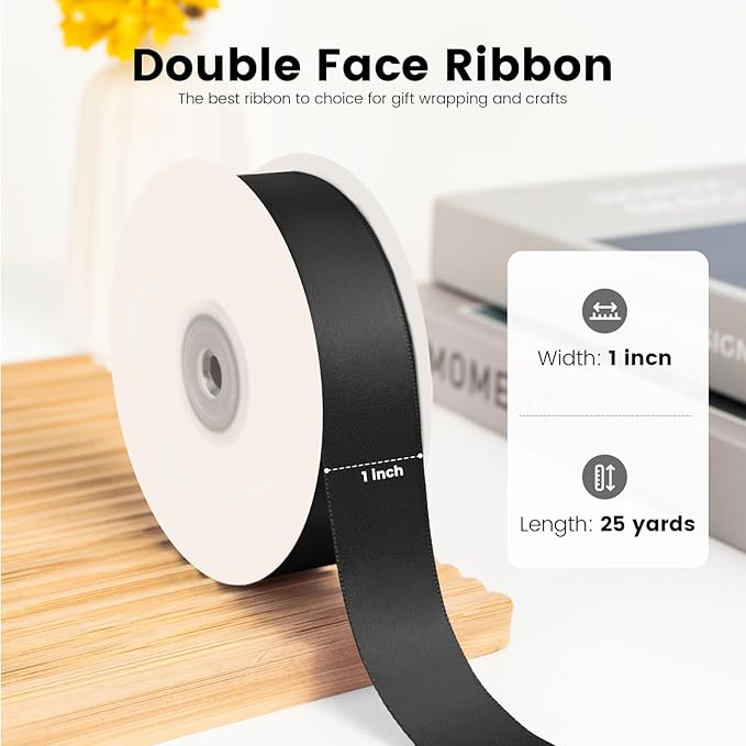 Solid Color Double Faced Black Satin Ribbon 1" x 25 Yards Ribbons Use - Image 2