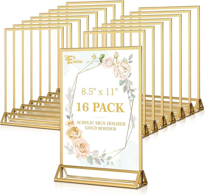 EHWINE 16 Pack Acrylic Sign Holder 8.5 x 11, Double Sided Gold Picture Frame by EHWINE