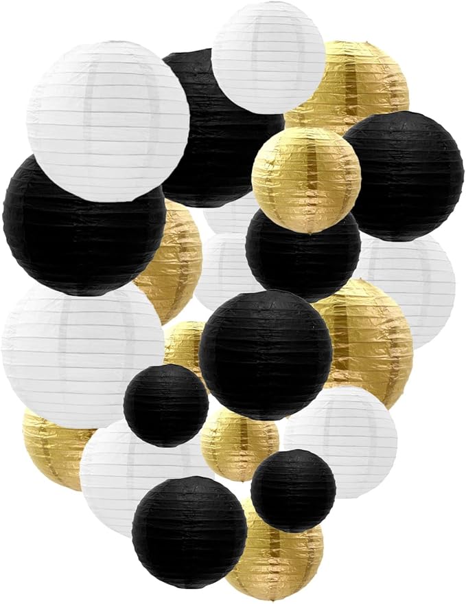 Black Gold White Paper Lanterns Decorative, Chinese/Japanese Hanging Round by Tim%26Lin