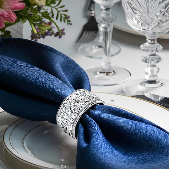 Silver Diamond Napkin Ring Set of 24 Rhinestone Crystal Glass Framed Napkin - Image 2