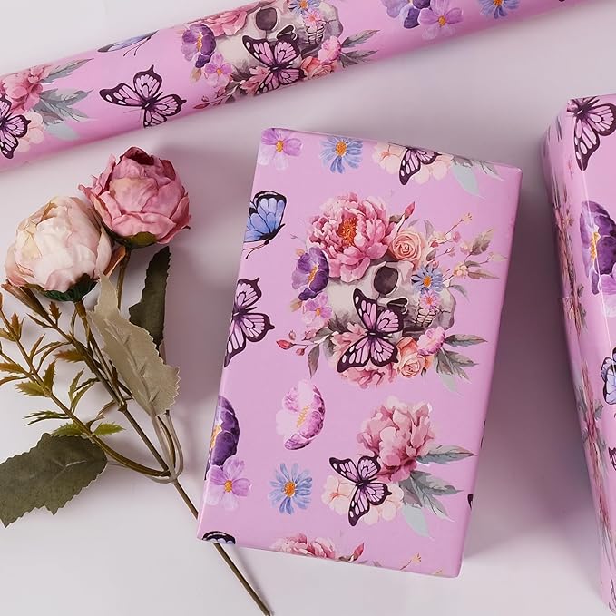 Aimyoo Gothic Wrapping Paper Roll, 17 Inch X 16.5 Feet Skull Floral Butterfly - Image 6