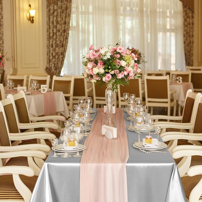 TURSTIN 4 Packs Silver Satin Tablecloth 102 x 58 Inch Overlay Satin Table Cover - Image 7