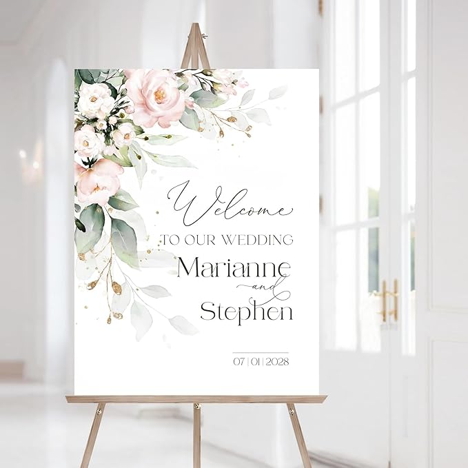 Personalized Wedding Welcome Sign, Blush Pink Floral Wedding Sign Signage 12" X by CENOVACY
