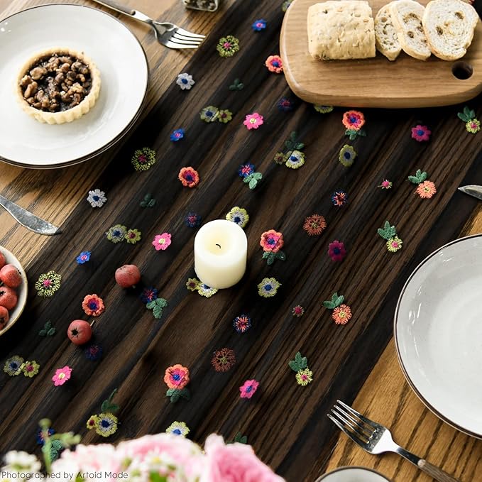 Artoid Mode Black Embroidery Daisy Gauze Table Runner 120 Inch 10FT, Seasonal - Image 5