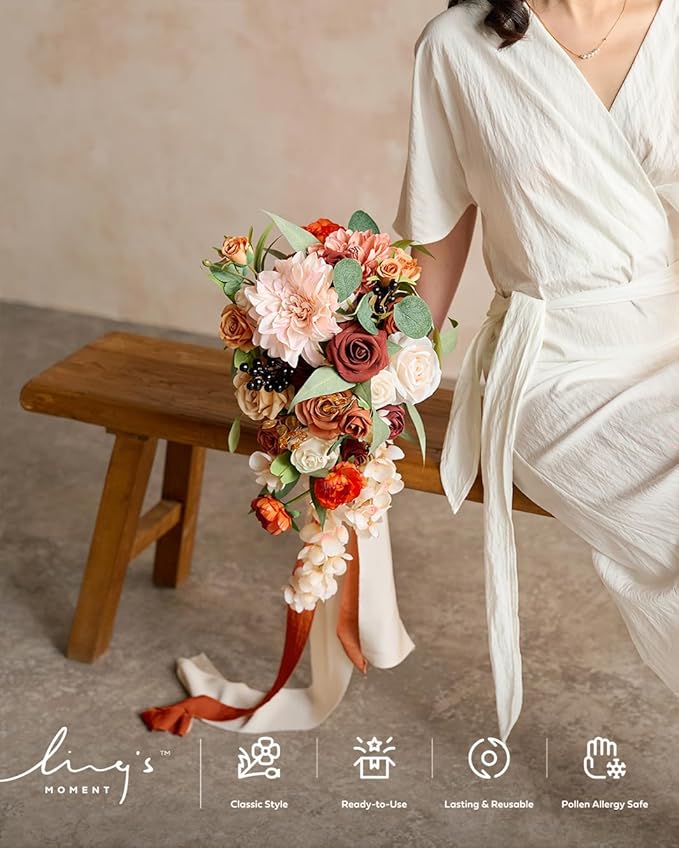 Ling's moment Terracotta Bridal Bouquet Cascading, 13 Inch Bride Bouquets - Image 8