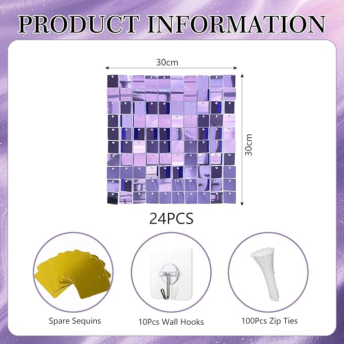 24PCS Light Purple Shimmer Wall Backdrop, Square Sequin Photo Backdrops Panel - Image 2