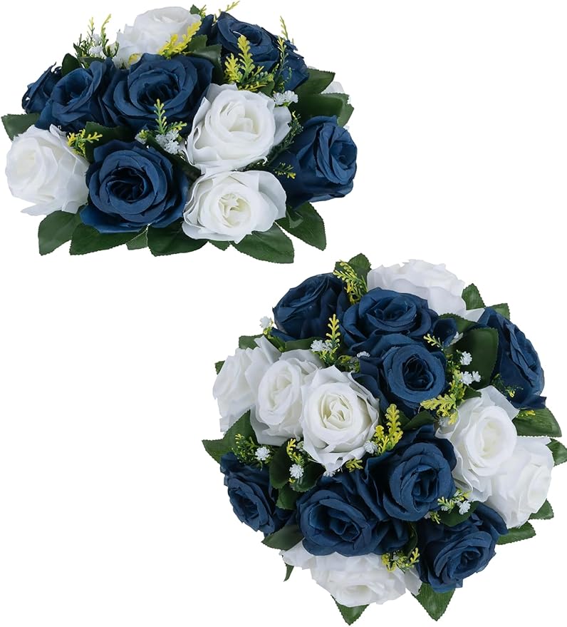 BLOSMON Navy Blue Rose Flowers: 2 Pcs Fake Floral Balls Centerpiece by Blosmon