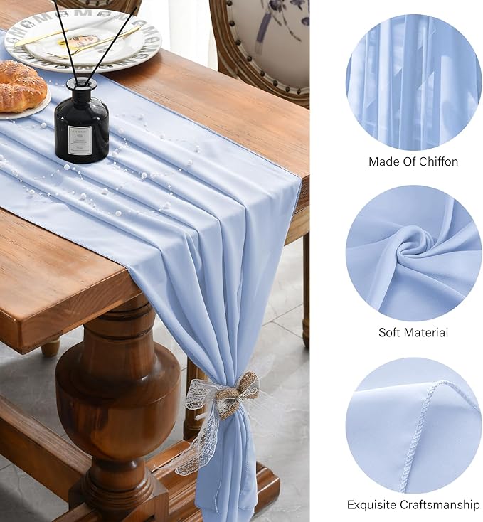 2 Pack 10 Ft Chiffon Table Runner Light Blue Gauze Long Table Runners 27x120 - Image 6