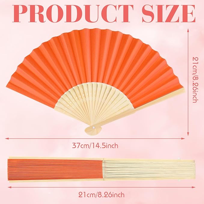 12 Pieces Orange Hand Held Bamboo Folding Fans Paper Fans Handheld - Image 2