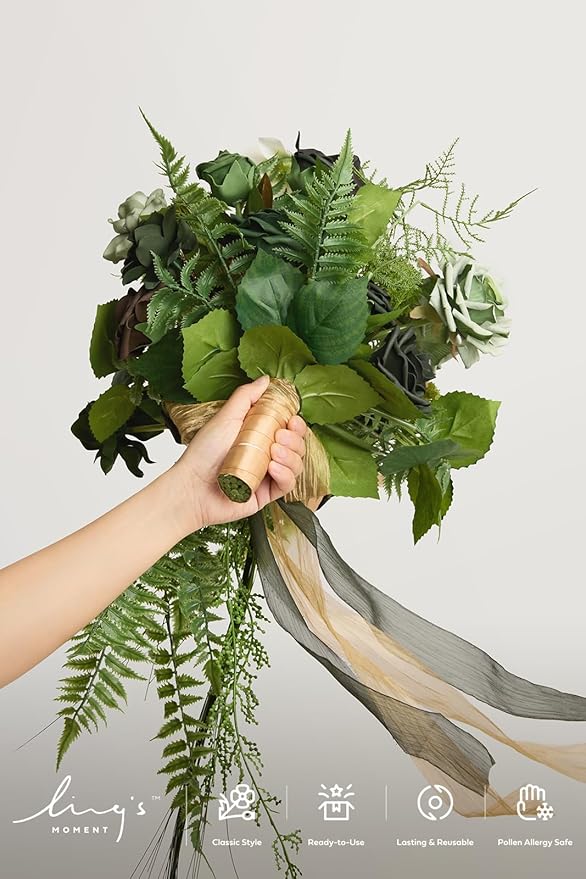 Ling's moment Forest Green Bridal Bouquet Cascading, Emerald Green Wedding - Image 2