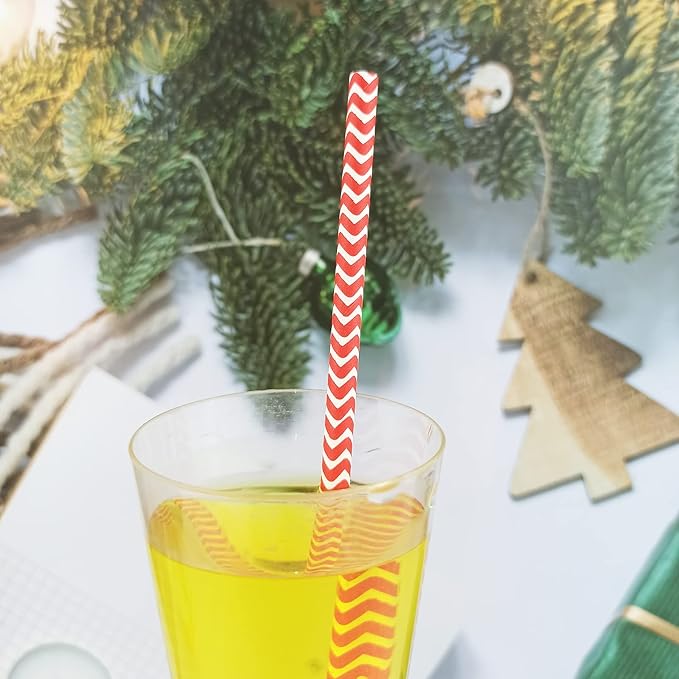 YAOSHENG Premium Disposable Waves Striped Drinking Paper Straws, Pack 100 Red - Image 3