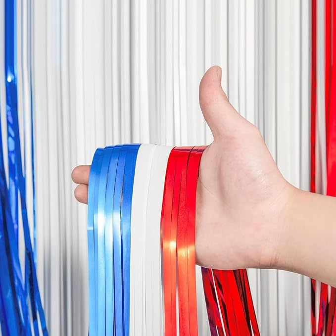 2 Pack Red White and Blue Tinsel Foil Fringe Curtains, 4th of July Decorations - Image 2