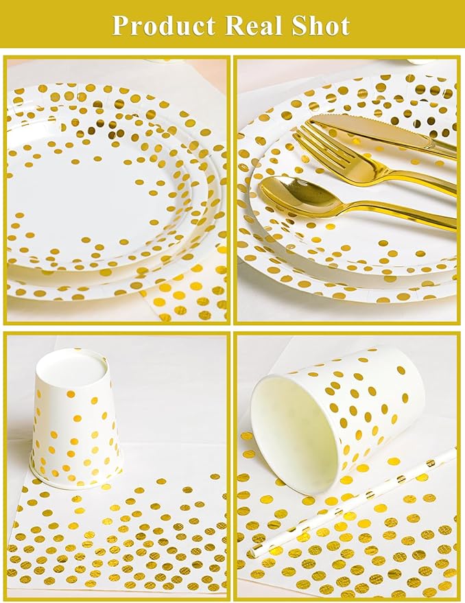 141 Pieces White Gold Party Supplies, Party Dinnerware Sets Include Paper - Image 2