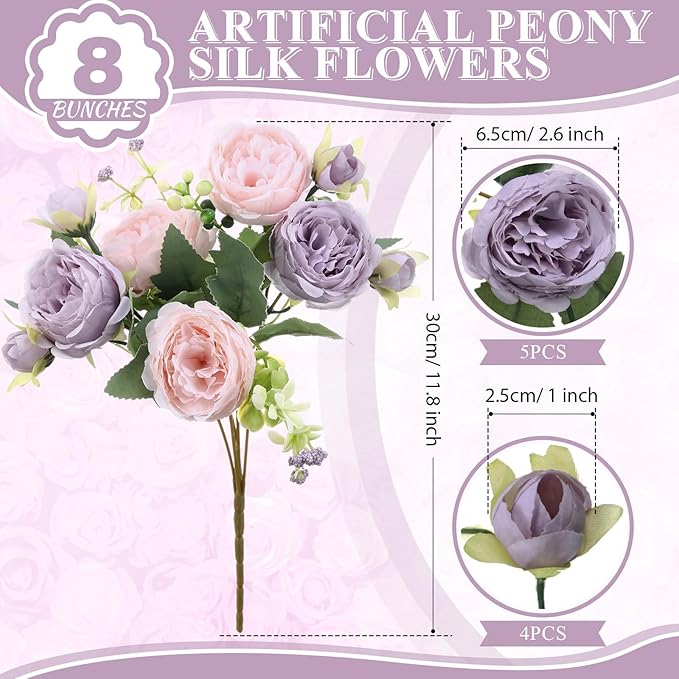 8 Bundles Artificial Peonies Flowers Boho Faux Flowers Arrangements Artificial - Image 2