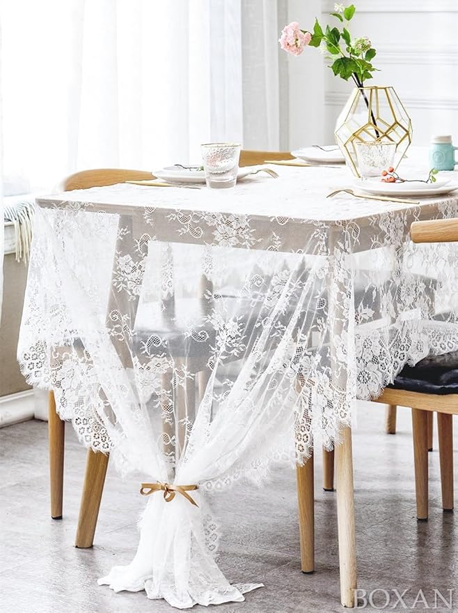 BOXAN 60x120 Inch Gorgeous White Lace Tablecloth Overlay Rose Vintage - Image 5