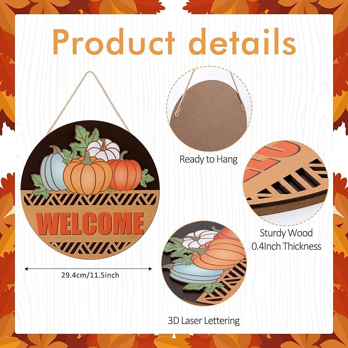 CHDITB Fall Pumpkin Welcome Front Door Sign Wreath, Wooden 3D Hello Fall Autumn - Image 2