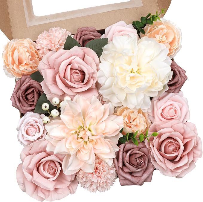 AmyHomie Blush Champagne Artificial Flowers Combo Silk Mix Peony Rose Fake by AmyHomie