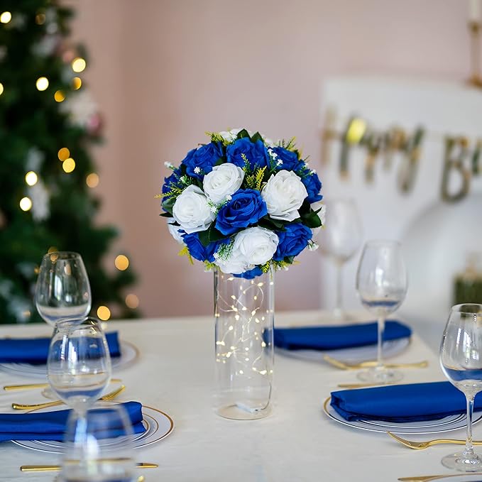 BLOSMON Royal Blue White Flowers: 2 Pcs Fake Roses Flower Balls Centerpiece - Image 3