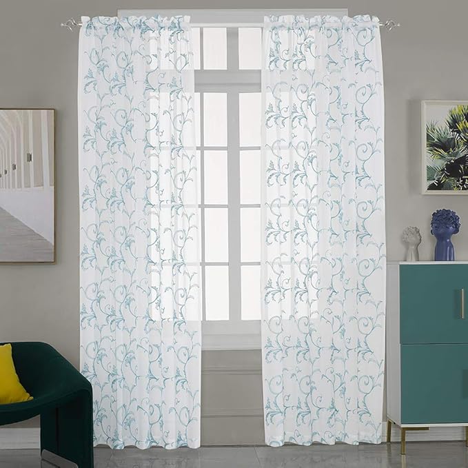 Embroidered Sheer Curtains Blue 95 Inches Vintage Floral, Window Treatments Rod by MYSTIC-HOME