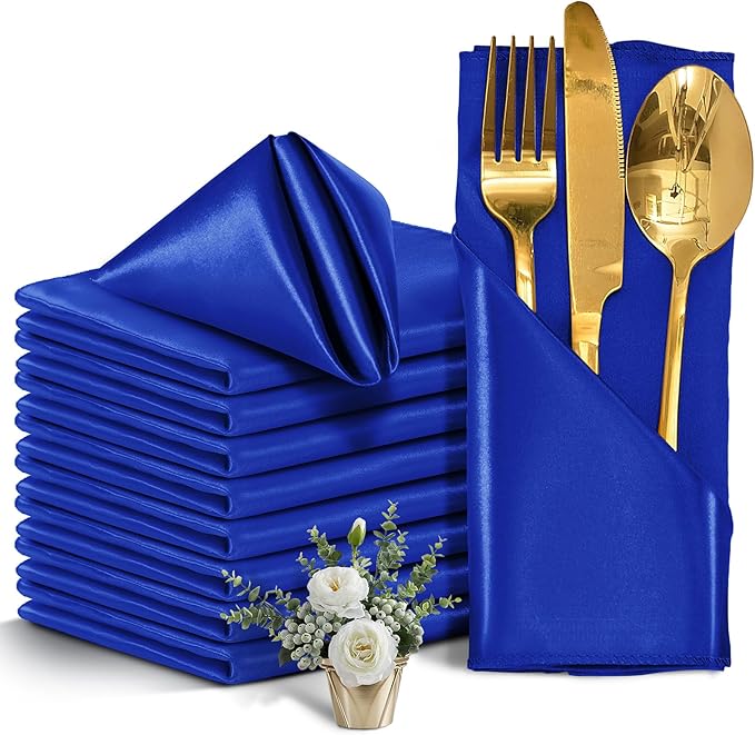 12 Pieces Royal Blue Satin Napkins, Silky Soft Smooth Washable Napkins by Eychei