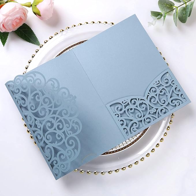 PONATIA 5.12 x 7.2 Dusty Blue Laser Cut Invitation Pocket - Image 3
