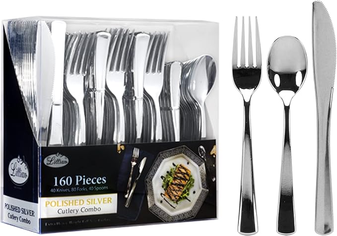 Plastic Cutlery Silverware Extra Heavyweight Disposable Flatware, Full Size by Lillian
