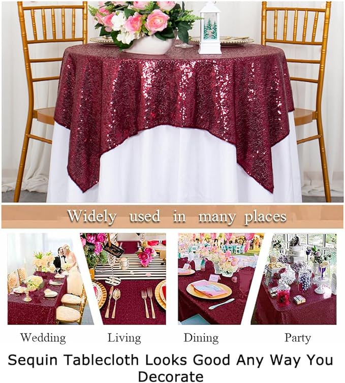 ShinyBeauty Sequin Tablecloth Burgundy Sequin Table Overlay Glitter Table Cover - Image 6