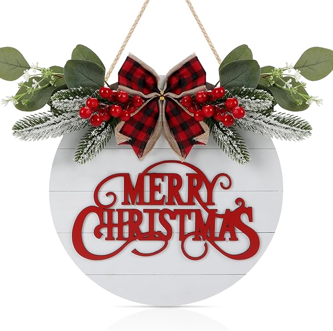 CHDITB Cute Merry Christmas Wooden Front Door Wreath, Farmhouse 3D Christmas by CHDITB