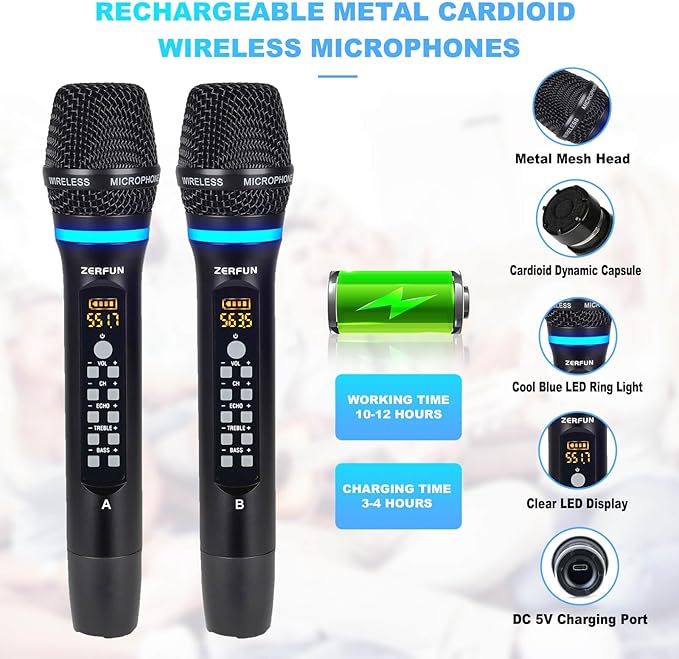 4 Channel Rechargeable Wireless Microphone System, Pro UHF Metal Handheld - Image 3
