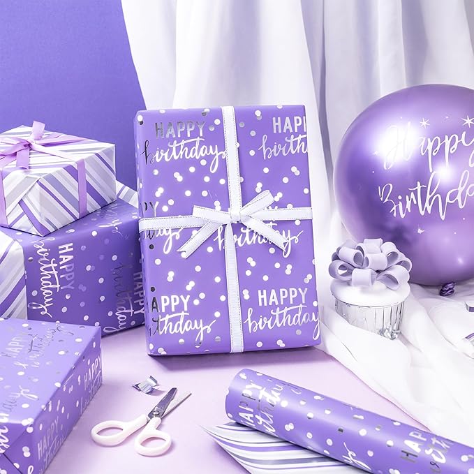 LeZakaa Reversible Purple Birthday Wrapping Paper Roll - Image 4