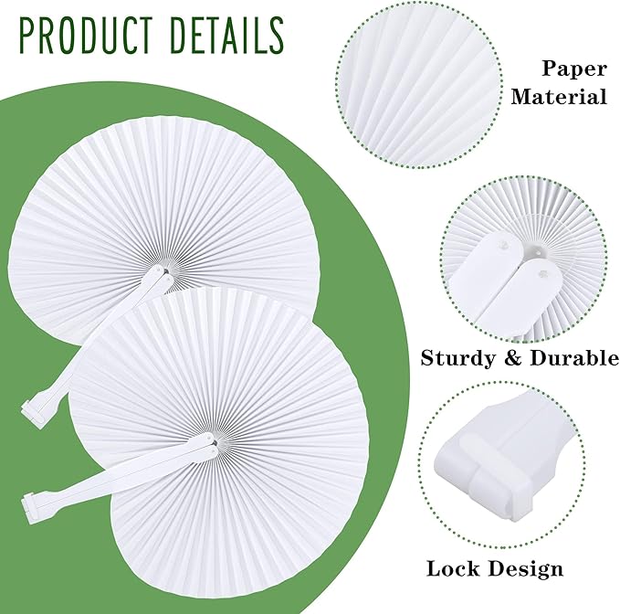 MCEAST 160 Pack Folding Wedding Paper Fans White Handheld Folding Fan Round - Image 3