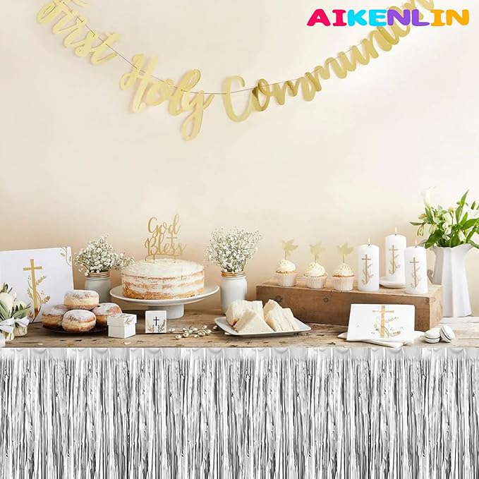 6 Pack 29x108 Inch Metallic Foil Fringe Tinsel Table Skirts Banner - Image 4