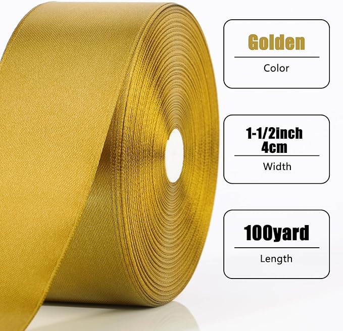 NESCCI 100 Yards Ribbon, 1-1/2 Inch Gold Satin Ribbon, Single Face Satin Ribbons - Image 2