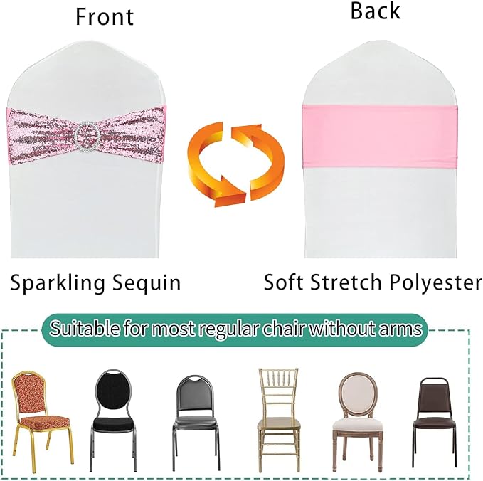 10 Pcs Chair Sashes Sequin Stretch Chair Bands Spandex Polyester Bows - Image 3