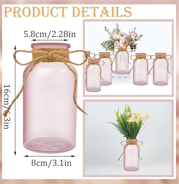 Vintage Glass Flower Vase，12 Pack Pink Farmhouse Glass Centerpiece Vases Mason - Image 4