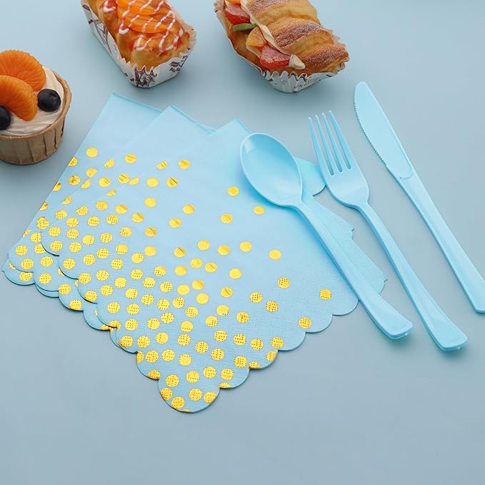 Blue and Gold Party Decorations 175PCS Light Blue Paper Plates and Napkins and - Image 4