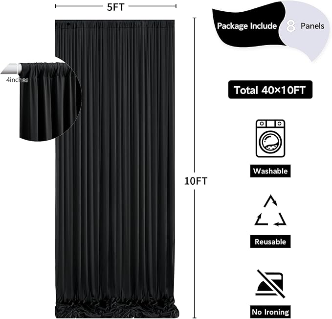 40 ft x 10 ft Wrinkle Free Black Backdrop Curtain - Image 5