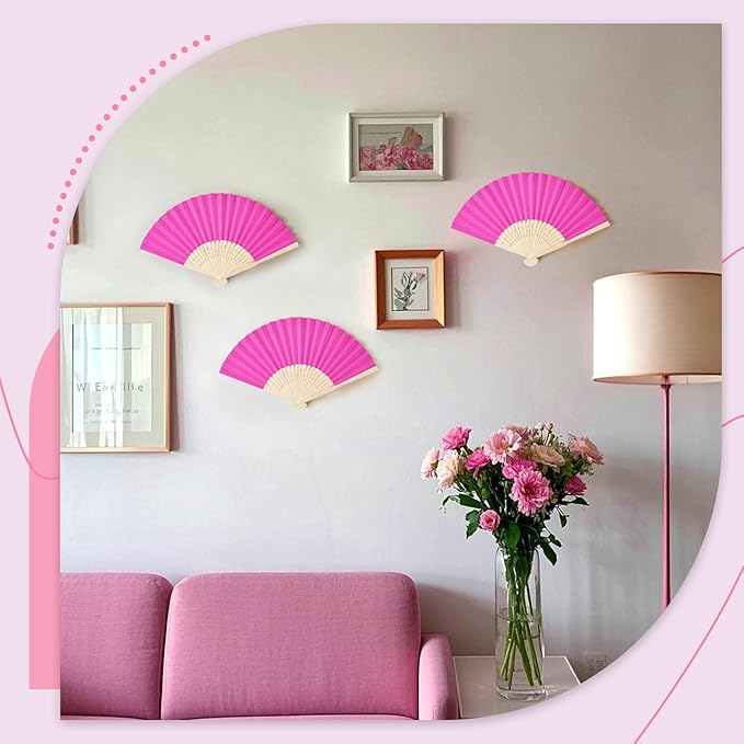 JOHOUSE 12 Pcs Paper Folding Hand Fans, 8.3 Inch Dark Pink Paper Fans Handheld - Image 4