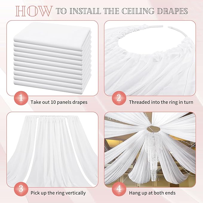 10 Panels White Ceiling Drapes for Wedding 5ftx40ft Sheer Drapery Chiffon - Image 4