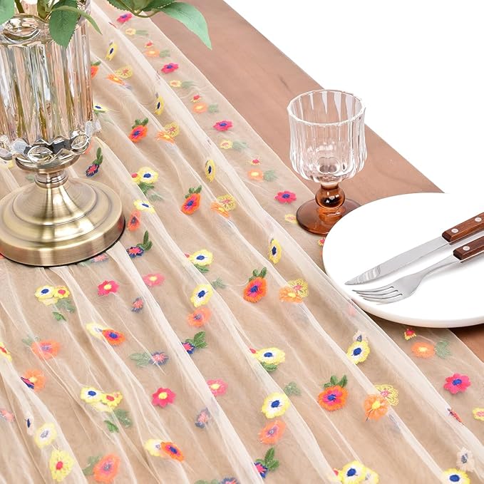 Joanlody 3pcs Champagne Embroidery Daisy Fall ThanksgivingTable Runner 10ft - Image 4