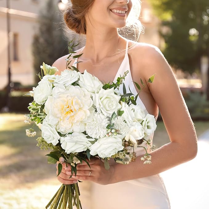 AmyHomie White Artificial Flowers Combo Silk Mix Peony Rose Hydrangea Daisy - Image 4