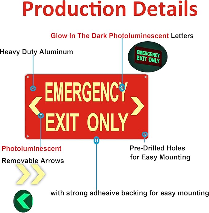 Photoluminescent Emergency Exit Sign Red, Glow In The Dark Aluminum Exit Sign - Image 4